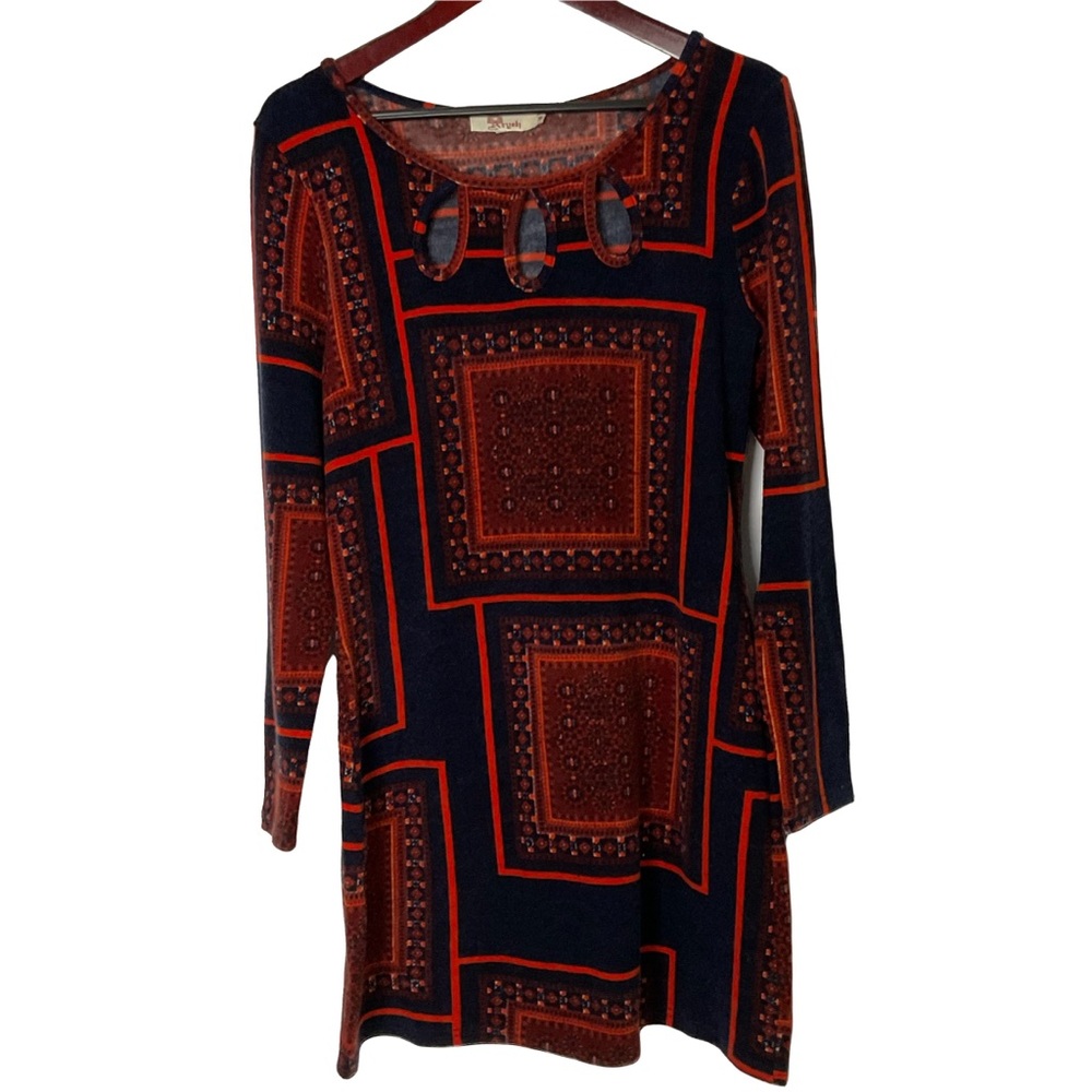 Anthropologie Aryeh Sweater Artsy Windowpane Red Blue Shift Dress Size Medium